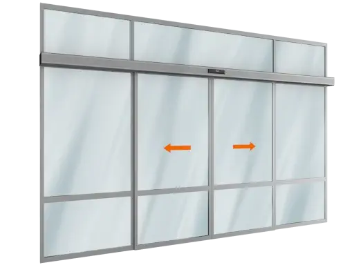 Двустворчатые автоматические раздвижные двери DoorHan с неподвижной частью и фрамугой